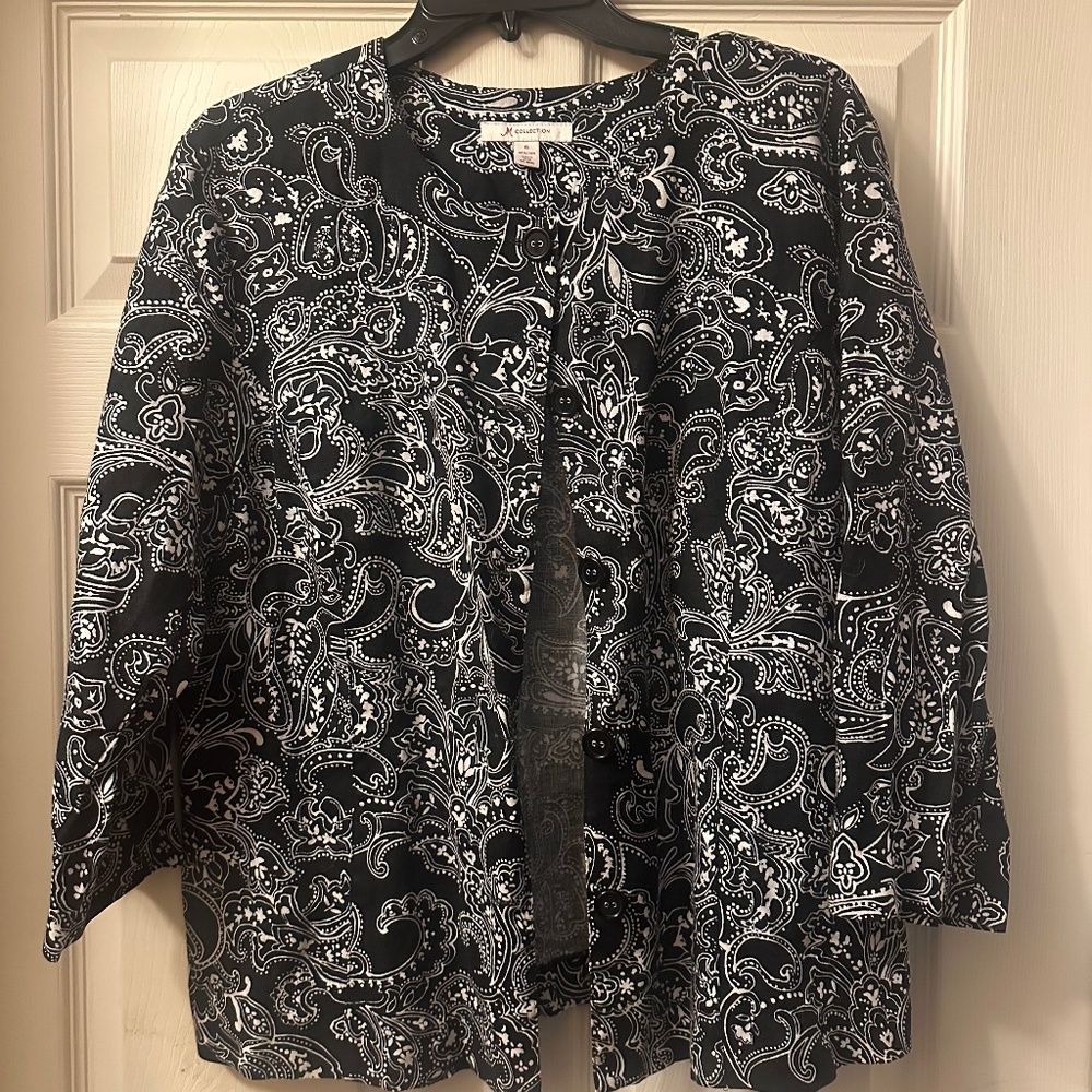 JM Collection || Black and White Paisley Jacket || Size 16 || 100% Linen